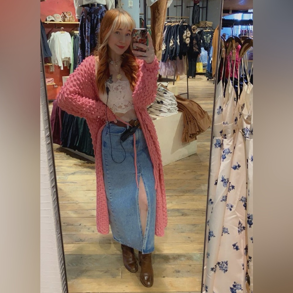 Light denim high rise maxi skirt